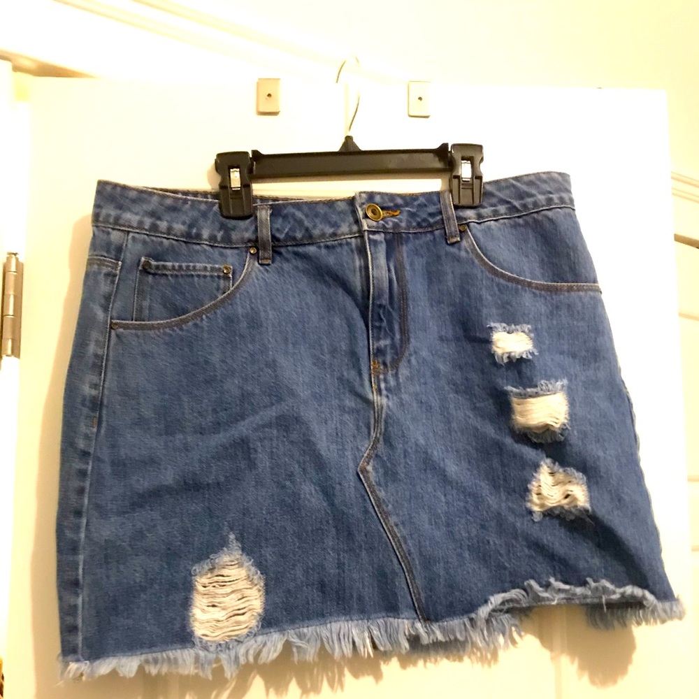 a loves a Medium Wash Distressed Denim Mini Skirt